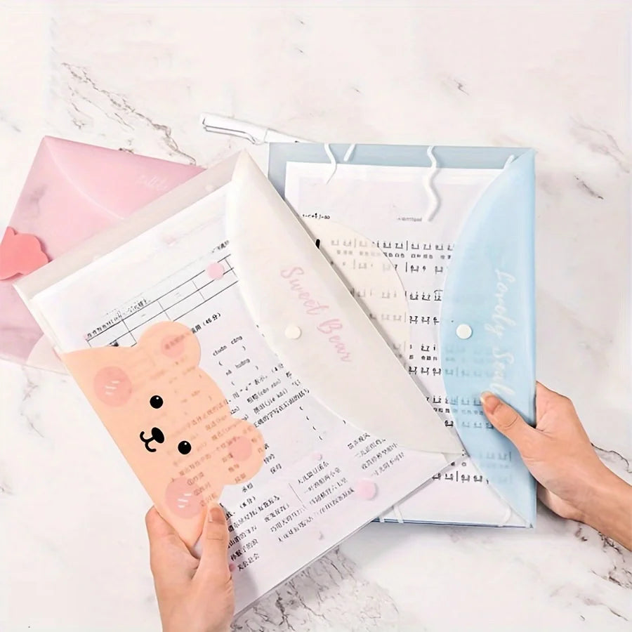 4PCS file bag, cute A4 cartoon file bag, clip button, transparent student stationery, cute information bag