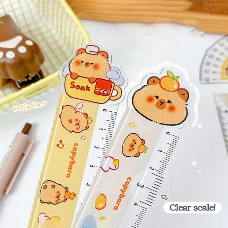 1Set Cartoon Capybara Student Ruler Set 10/15cm Kawaii Stright/Triangle/Protractor Measuring Tool Kids Gifts School Stationery