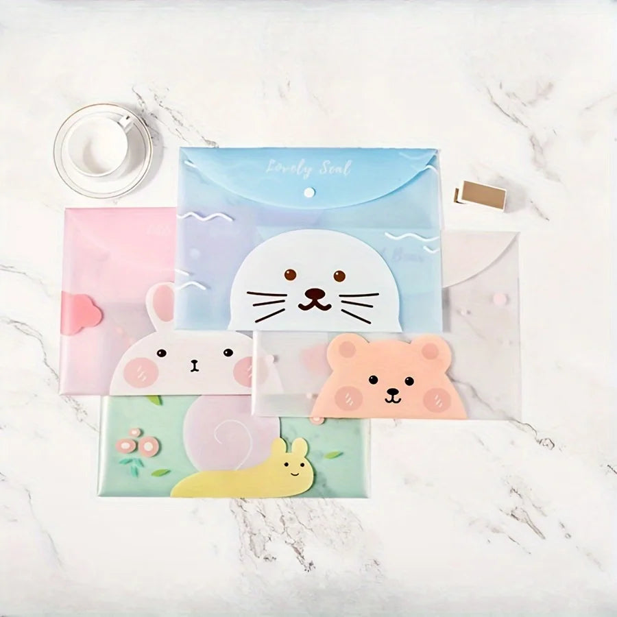 4PCS file bag, cute A4 cartoon file bag, clip button, transparent student stationery, cute information bag