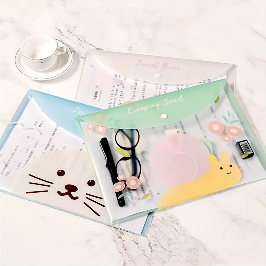 4PCS file bag, cute A4 cartoon file bag, clip button, transparent student stationery, cute information bag
