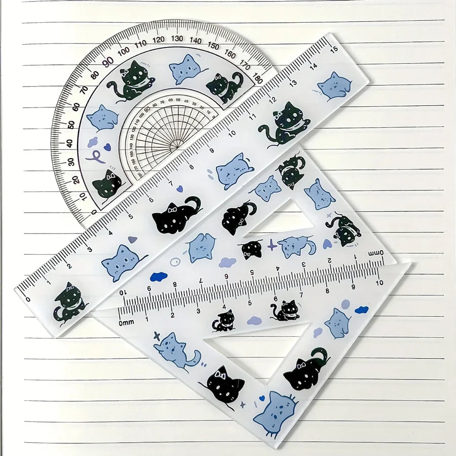 4pcs blue cat ruler stationery, back-to-school supplies, practical square, cute cat ruler, protractor tool, school accessories