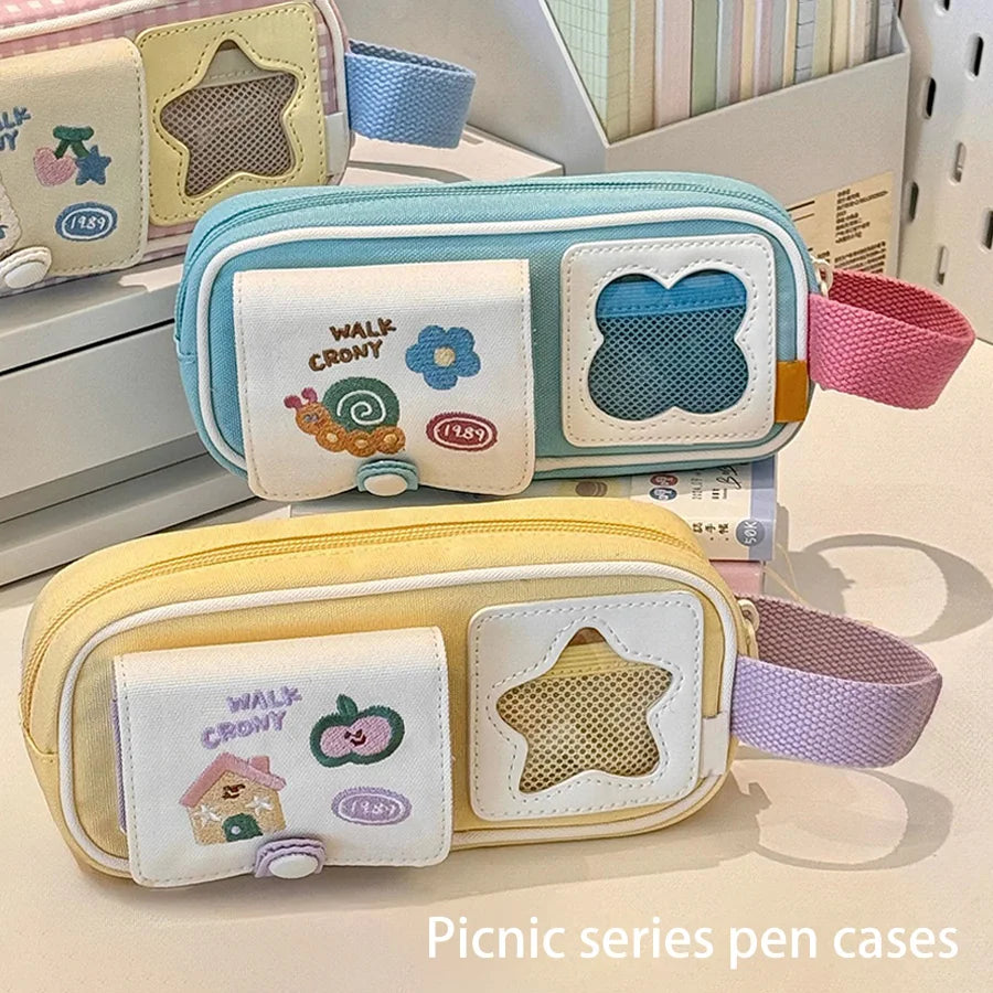 Creative cartoon portable pen case, large-capacity picnic series pencil case, multi-functional stationery bag for students