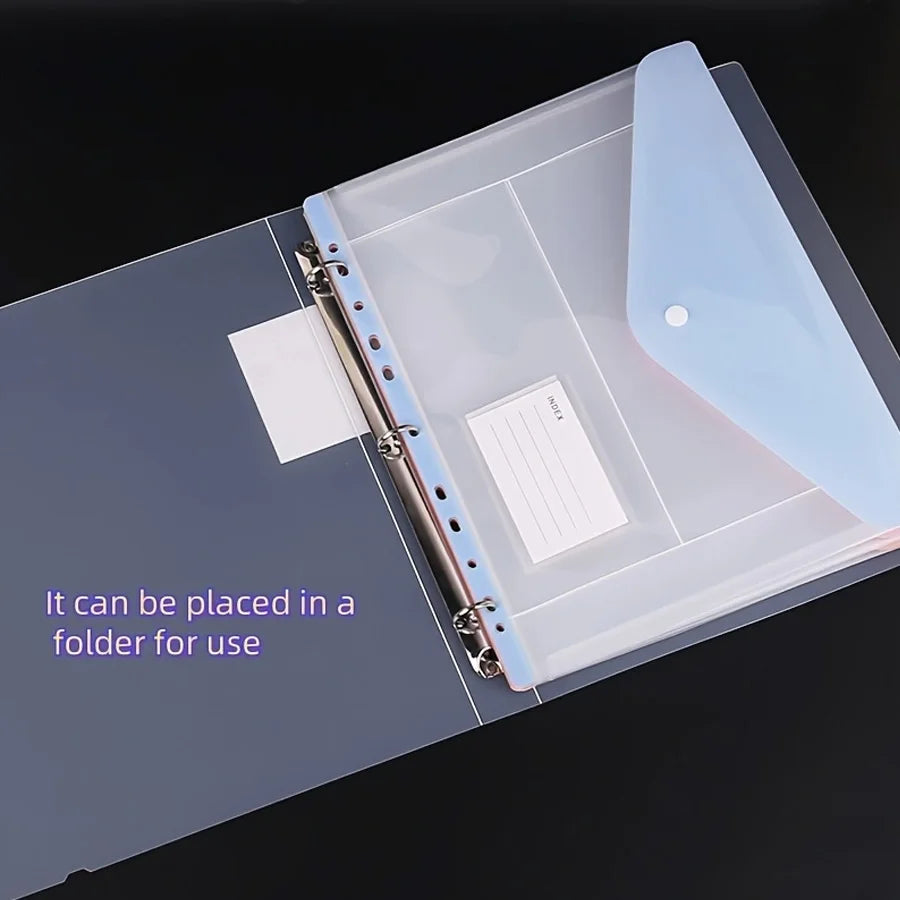 6pcs/set envelope binder pocket - 11-hole folder, for 2/3/4-ring binders, side-opening plastic folder with snap fasteners