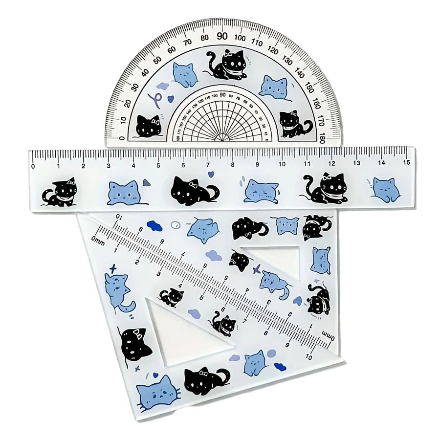 4pcs blue cat ruler stationery, back-to-school supplies, practical square, cute cat ruler, protractor tool, school accessories
