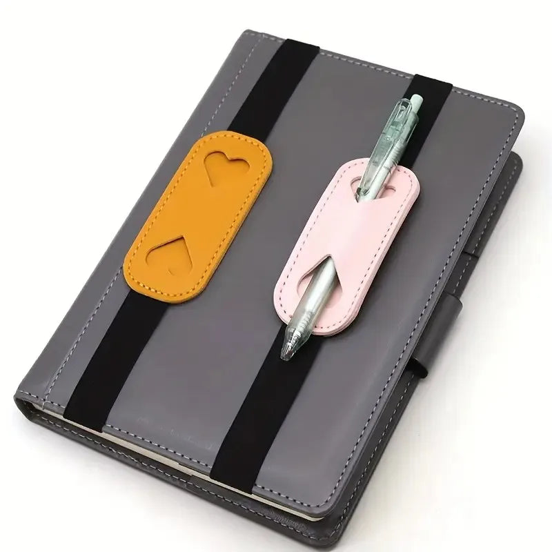 Heart-Shaped PU Leather Pen Holder with Elastic Band Secure Notebook Organizer for Office School Deskfor Students Professionals