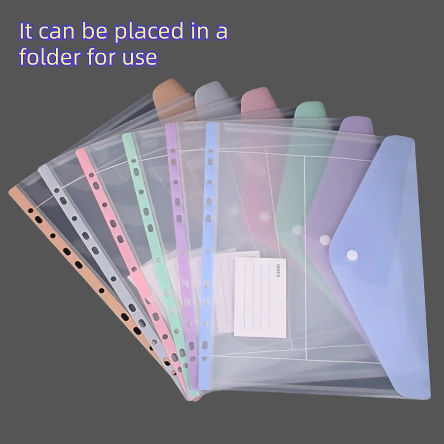 6pcs/set envelope binder pocket - 11-hole folder, for 2/3/4-ring binders, side-opening plastic folder with snap fasteners