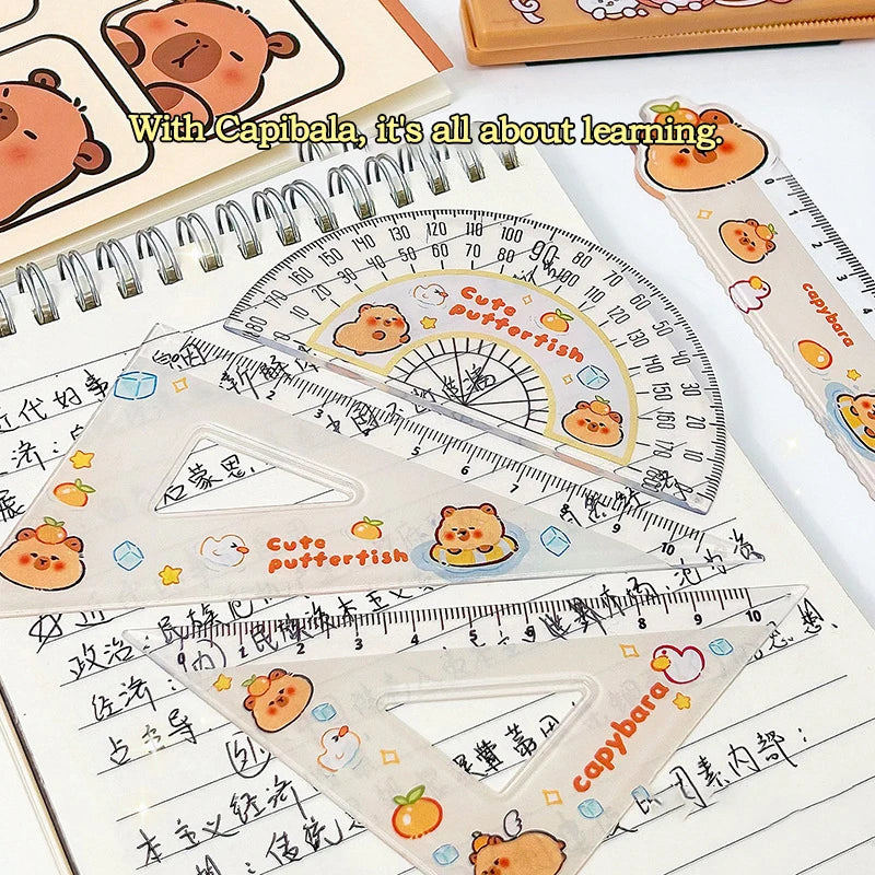 1Set Cartoon Capybara Student Ruler Set 10/15cm Kawaii Stright/Triangle/Protractor Measuring Tool Kids Gifts School Stationery