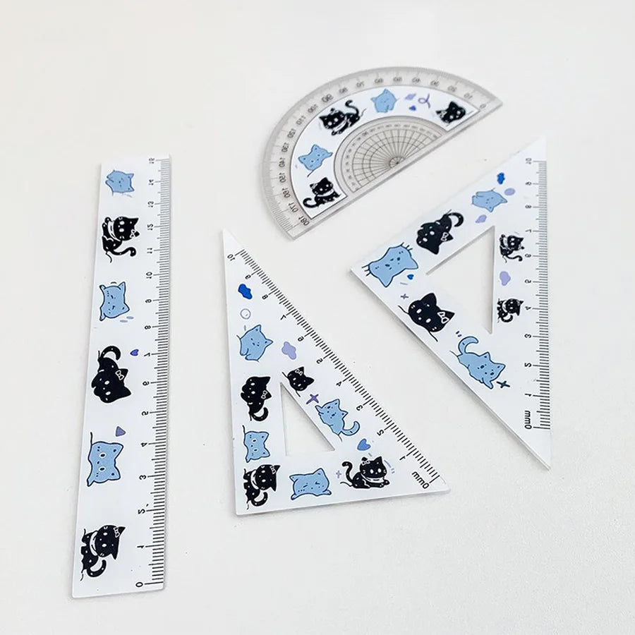 4pcs blue cat ruler stationery, back-to-school supplies, practical square, cute cat ruler, protractor tool, school accessories